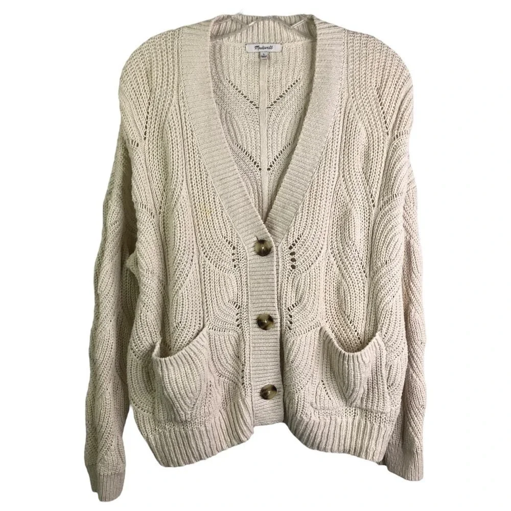Madewell Cardigan Sweater Womens L Beige‎ Cable Knit Button Front Cotton Cozy